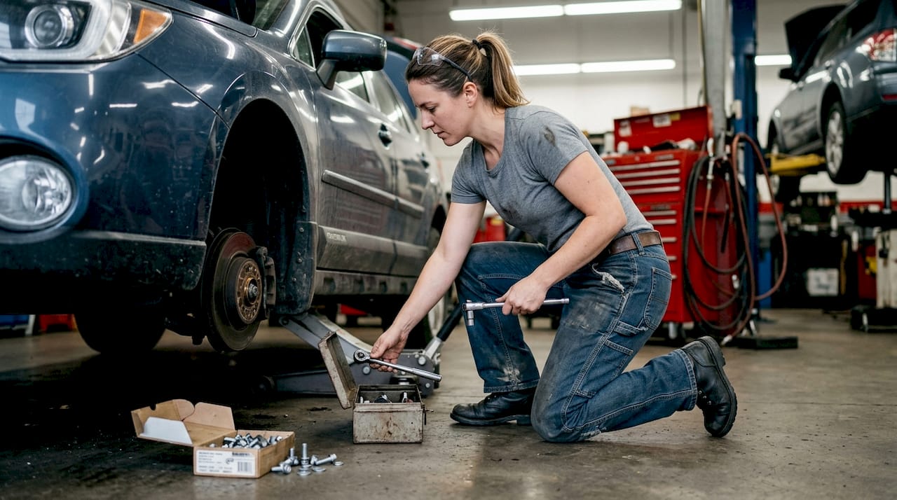Mechanic wearing rugged flex denim pants working