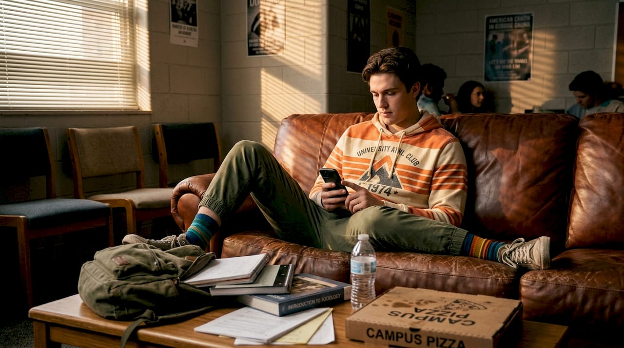 Student wearing retro hoodie in casual lounge