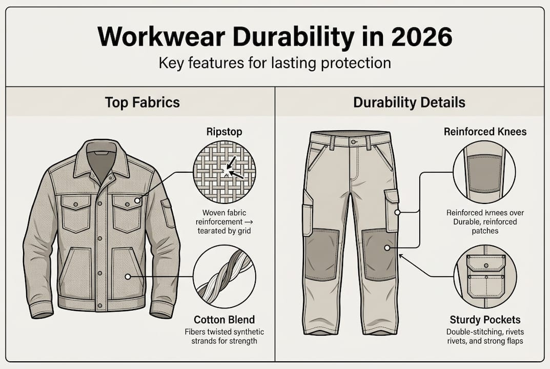 Infographic showing durable workwear features