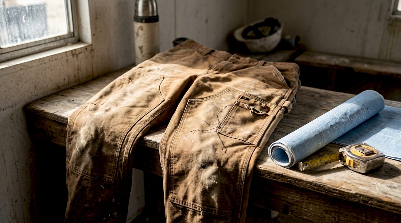Close-up of reinforced construction pants details