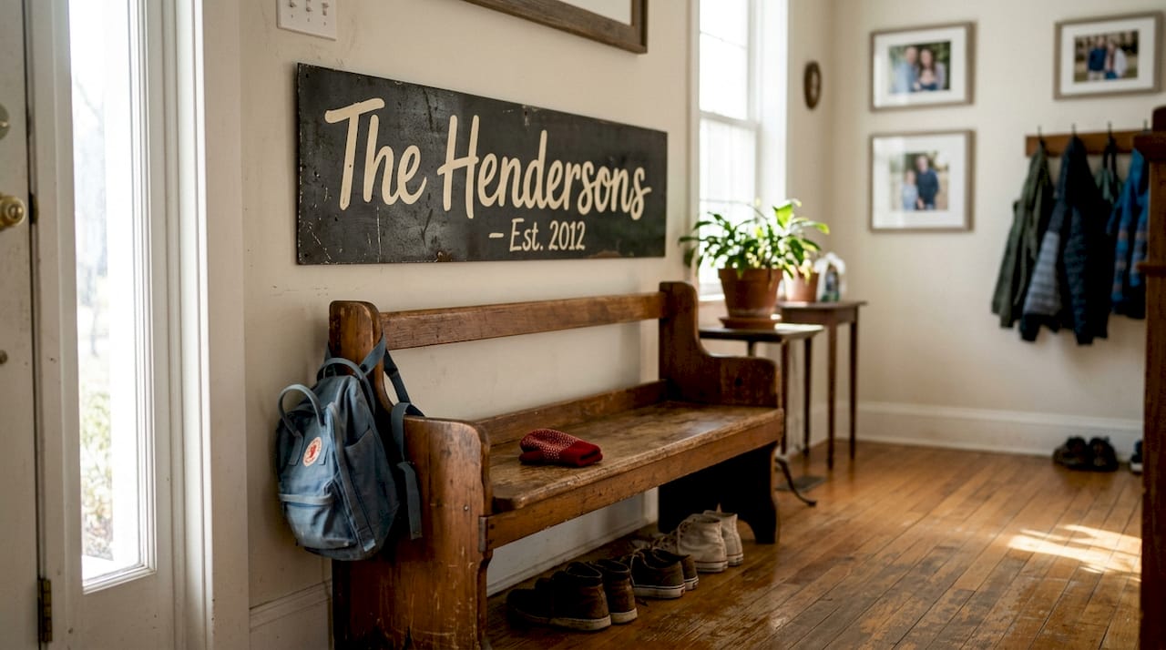Family name metal sign above entry bench