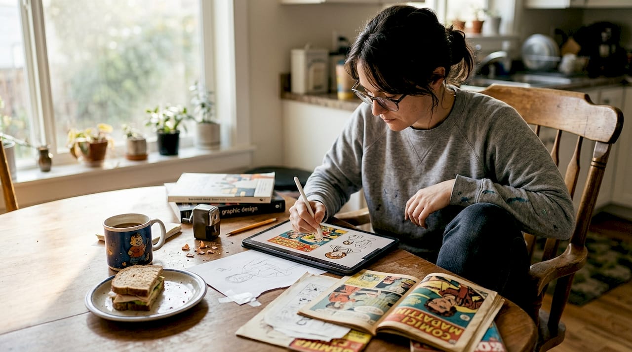 Designer sketching retro comic graphics at table