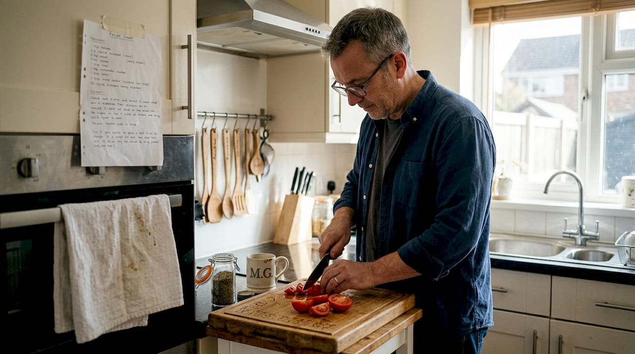 Man chopping vegetables on personalized cutting board