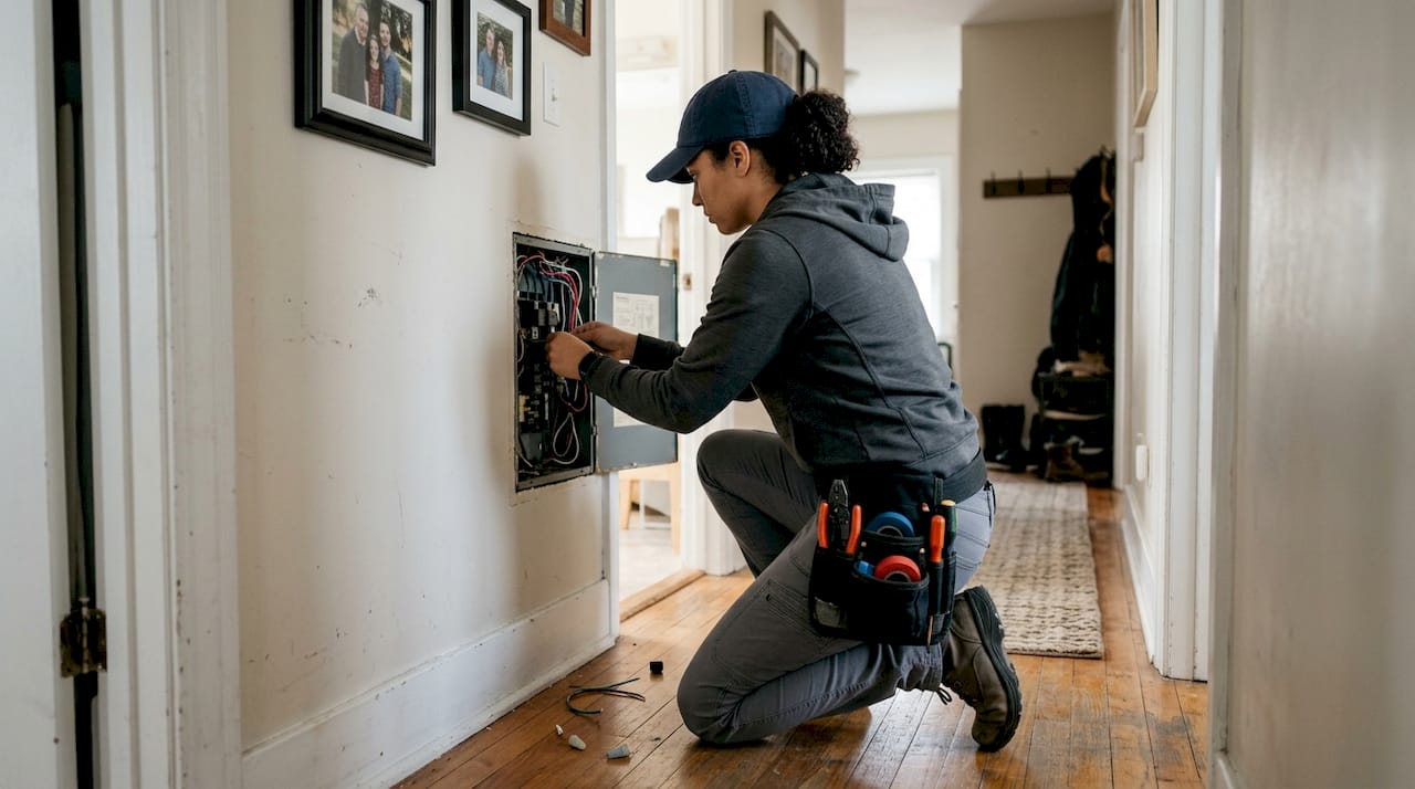 Female electrician in fitted workwear at panel