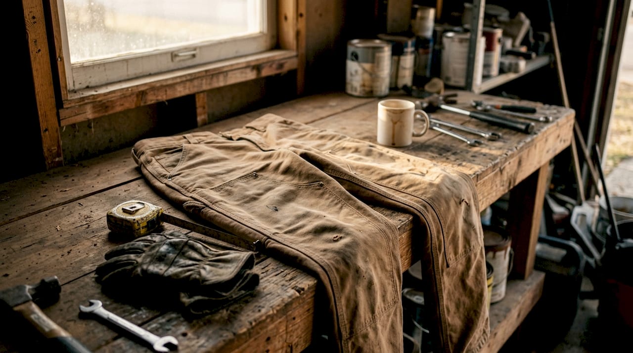Close-up of durable work pants on bench