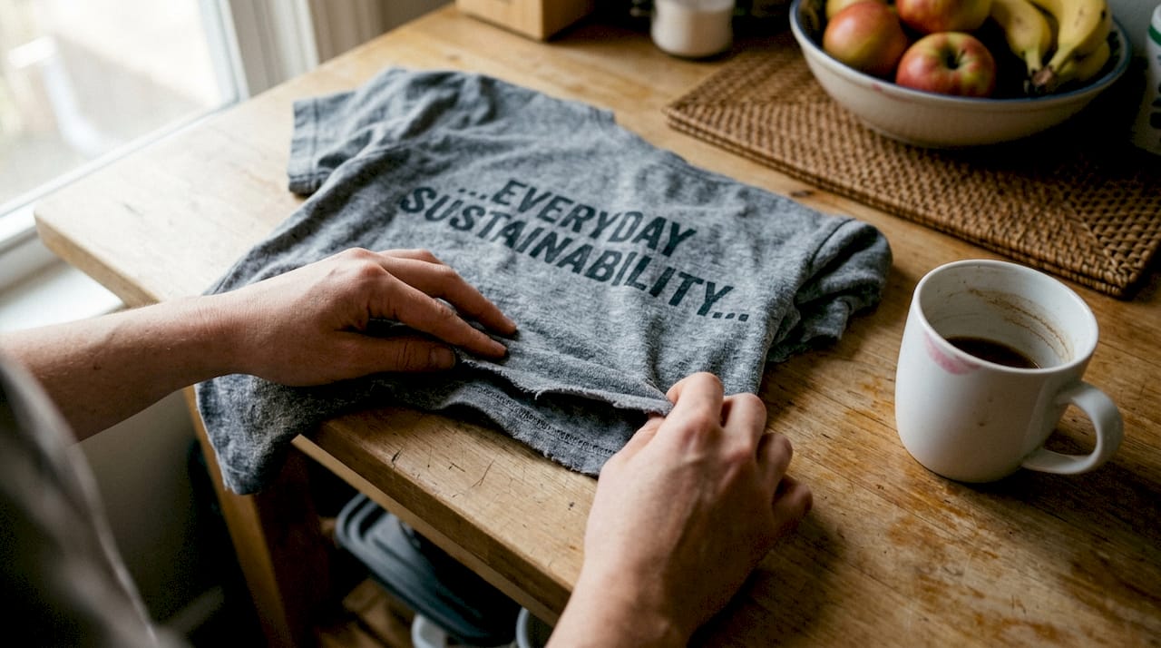 Hands touch edge of organic slogan t-shirt