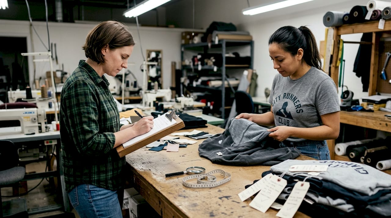 Technicians inspecting streetwear quality at workbench