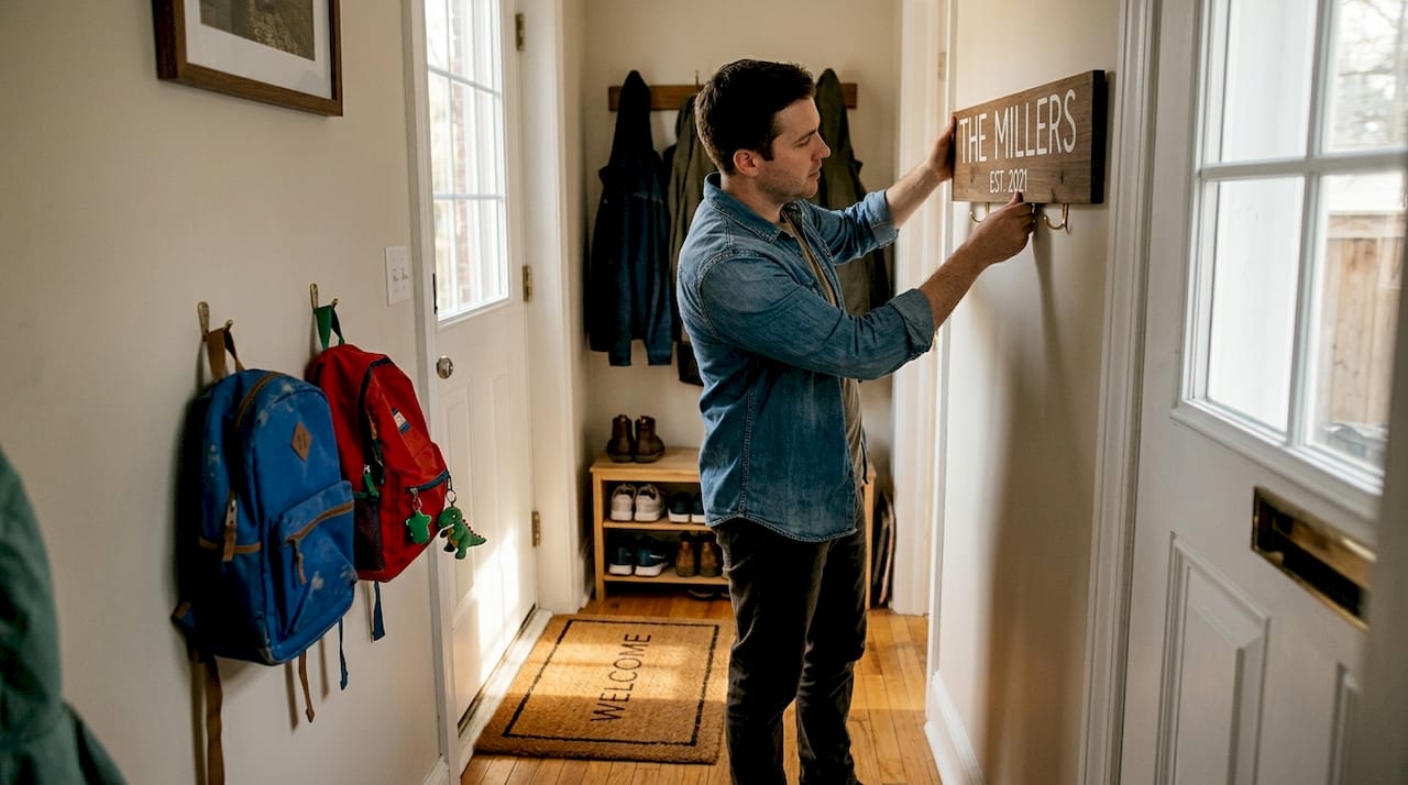 Father hangs wooden family name sign in entryway
