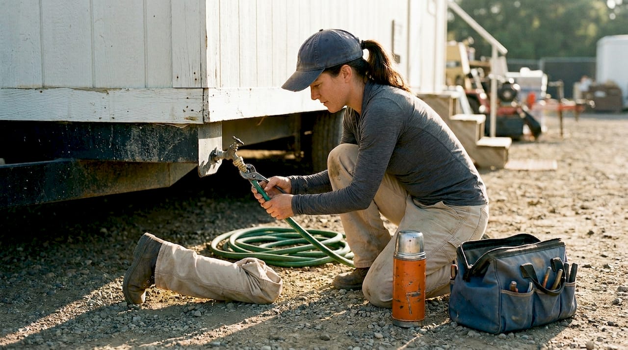 Outdoor worker wears breathable workwear kneeling