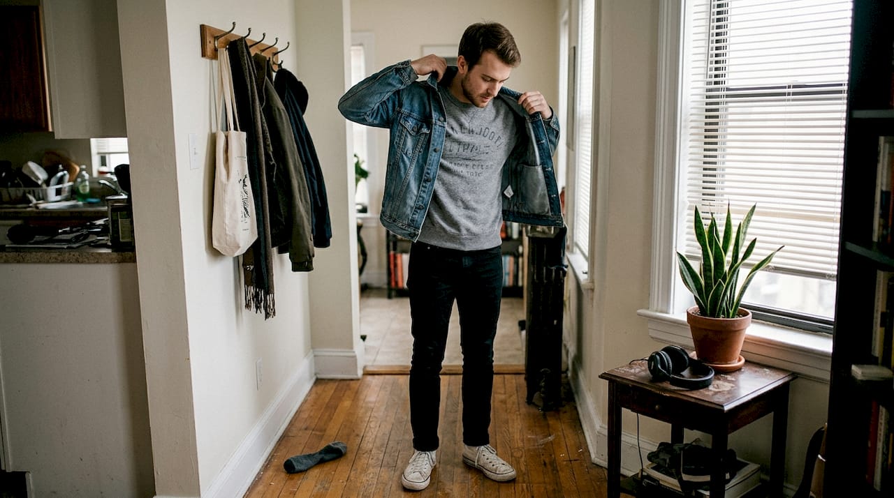 Man layering denim jacket over graphic sweatshirt