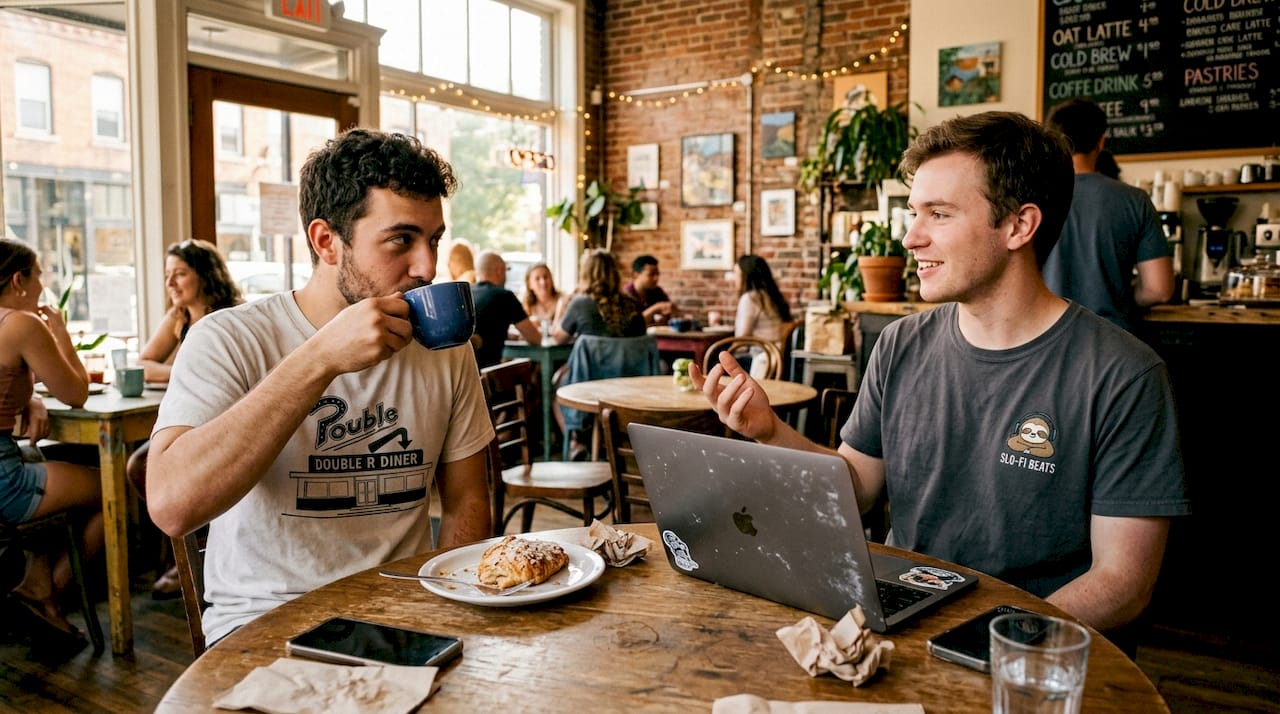 Friends in café wearing humorous graphic tees