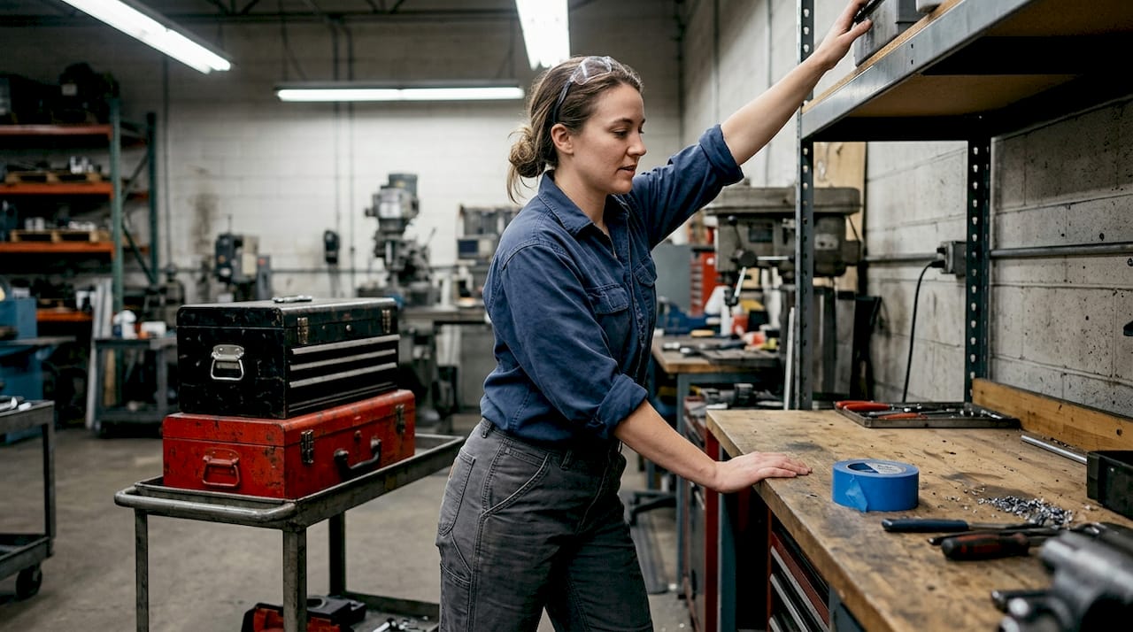 Woman tests workwear fit in workshop reaching up