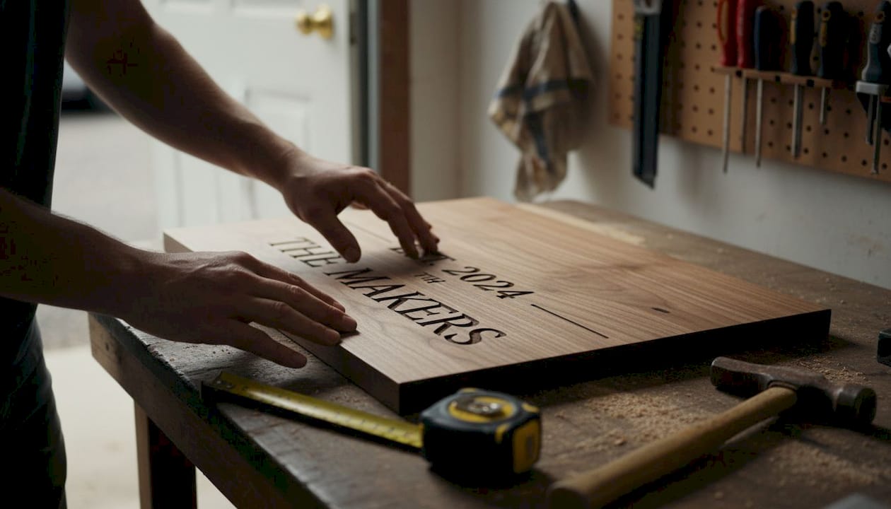 Hands inspecting engraved wood sign for quality