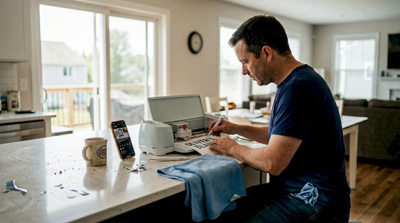 Man cuts vinyl for DIY blanket personalization