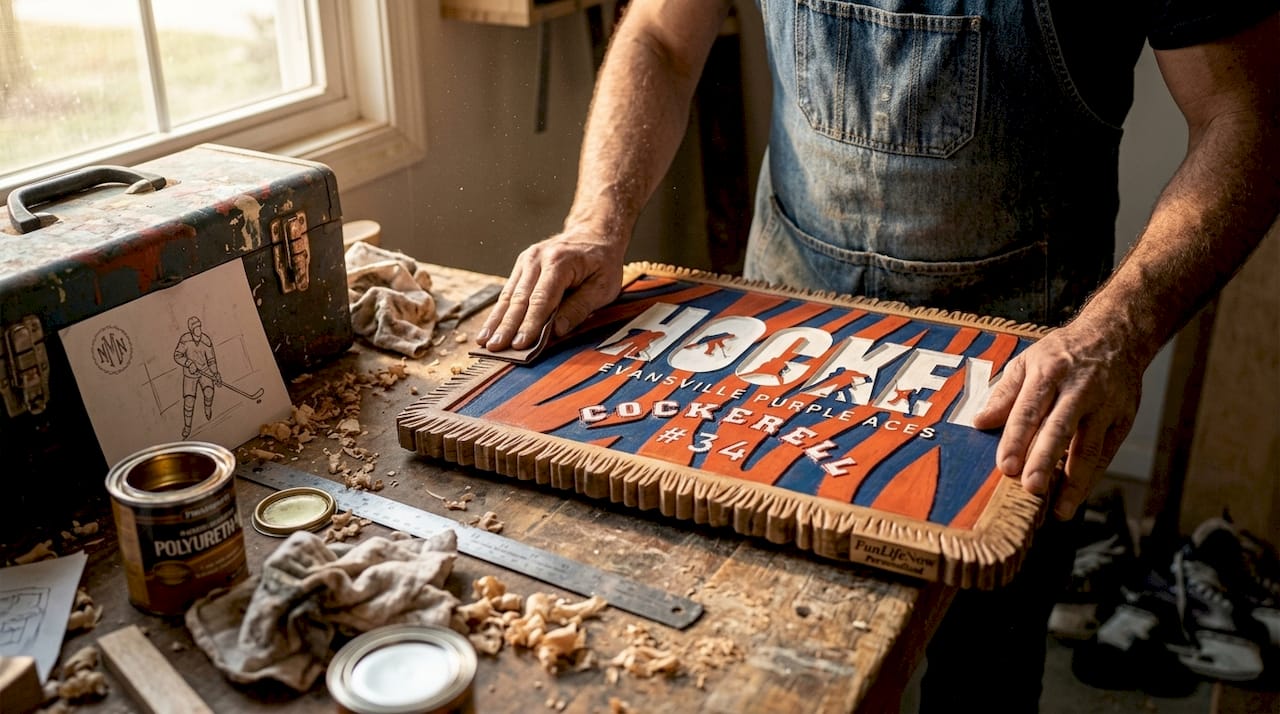 Artisan crafting wooden family name sign