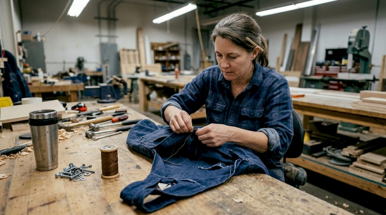 Tradeswoman checks seams inside work overalls