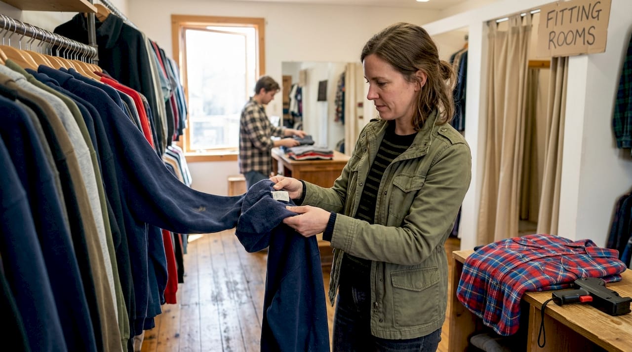 Woman inspects vintage hoodie at thrift shop rack
