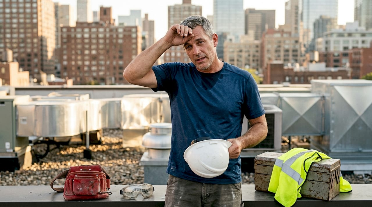 Worker in synthetic shirt shows heat discomfort