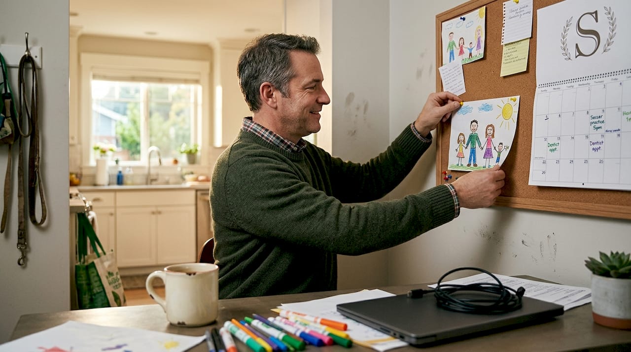 Man displaying personalized decor in office nook
