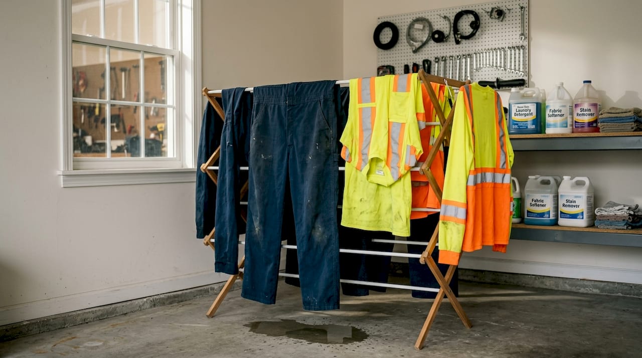 Mechanic garments air drying on rack in laundry area
