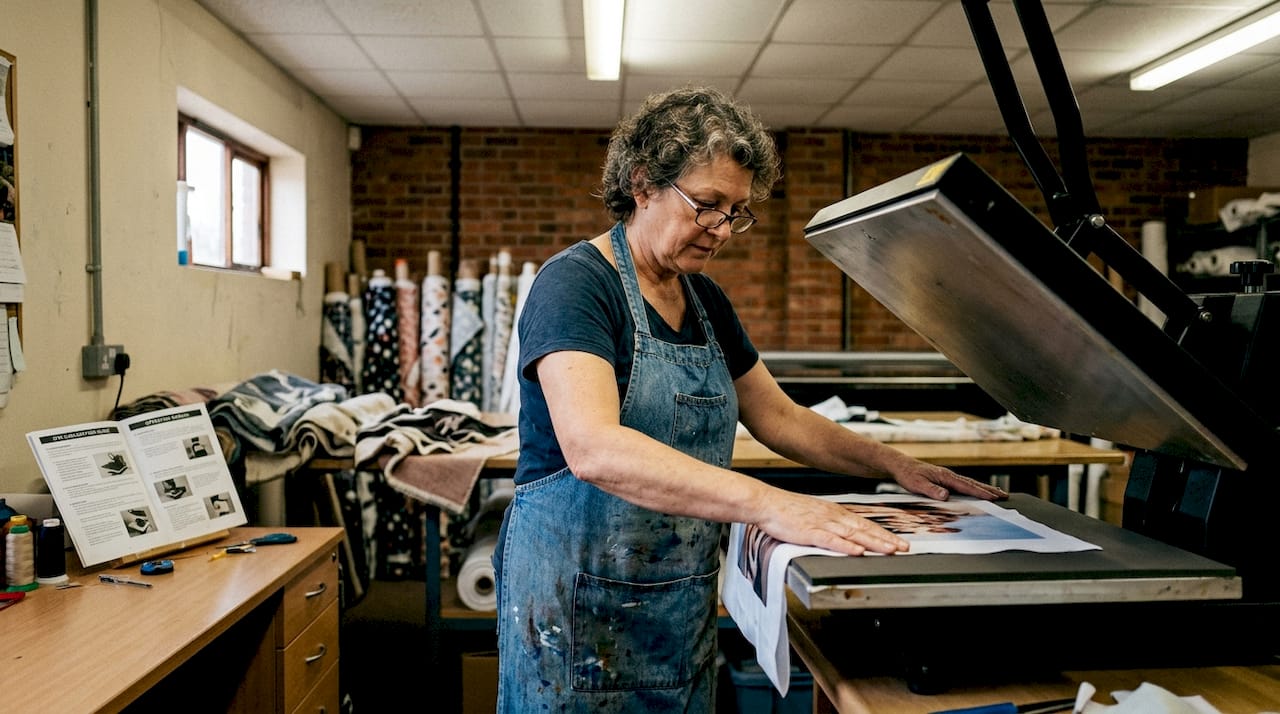 Craftsperson using dye-sublimation blanket press