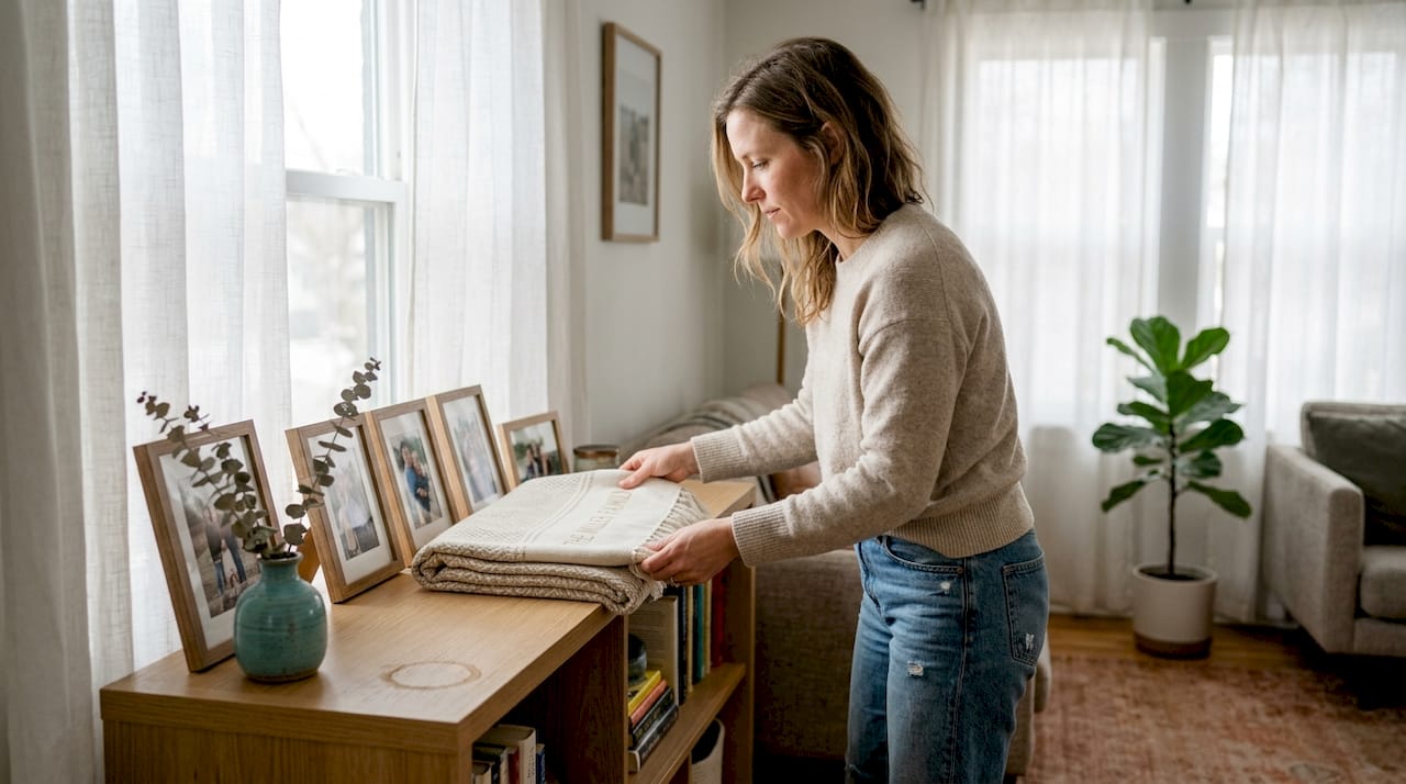 Woman arranging custom blanket on living room shelf