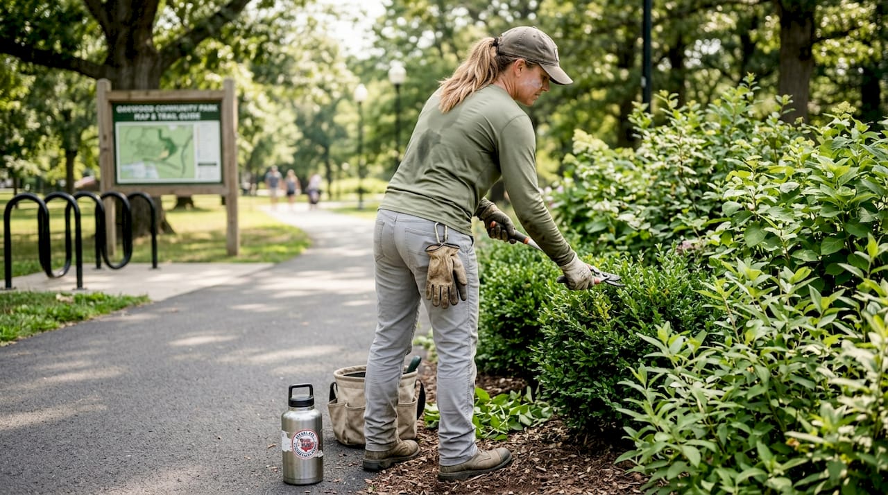 Landscaper wearing UPF work shirt trims shrubs