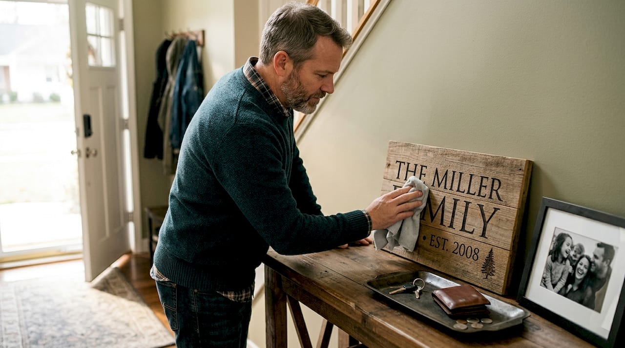 Man dusting engraved family sign at entryway