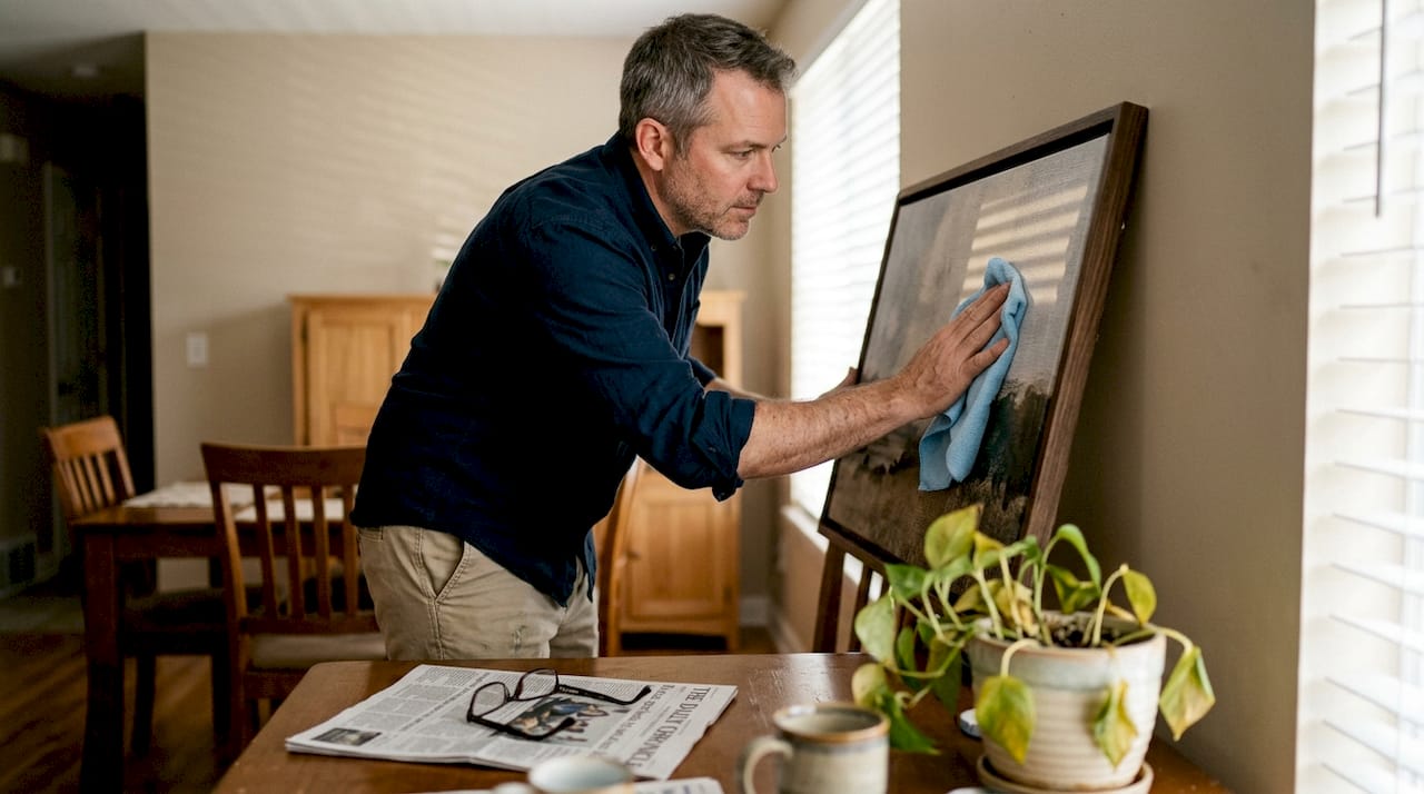 Man dusting canvas art in dining area