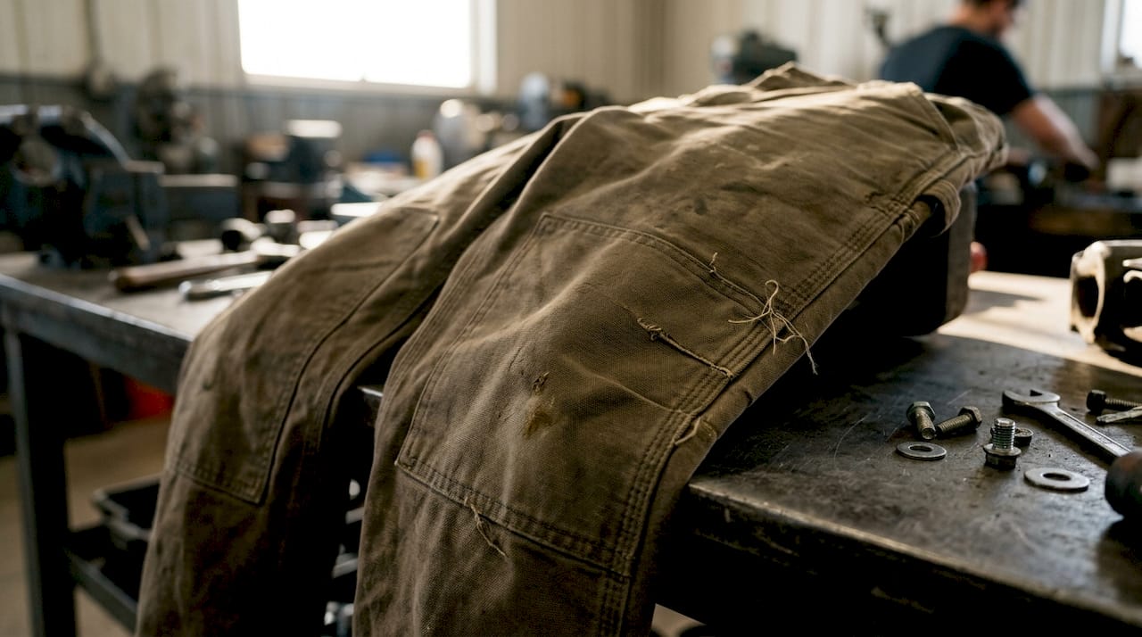 Close-up reinforced seams on work pants