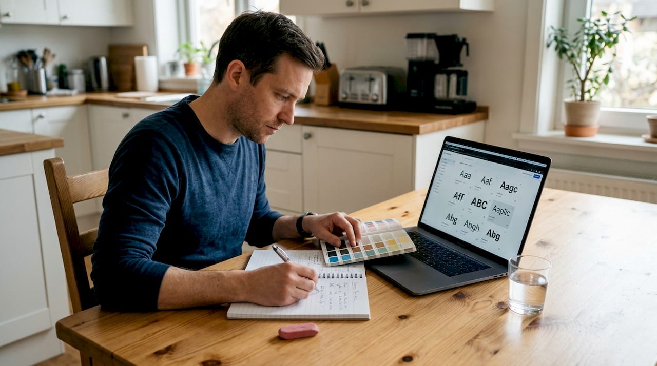 Man reviewing font samples at kitchen table