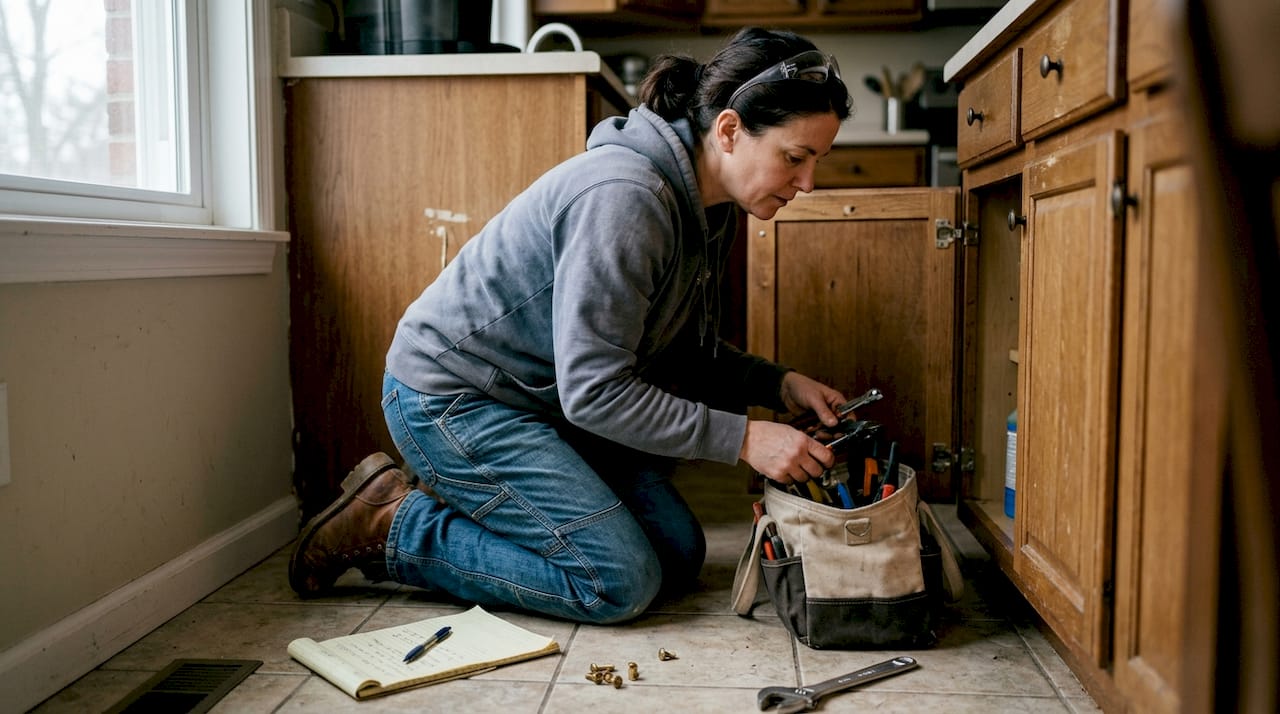 Plumber sorting tools in durable workwear