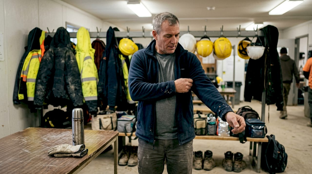Construction worker layering up indoors