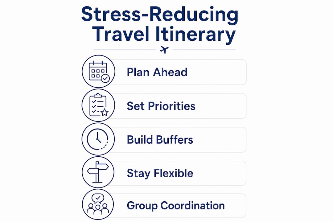 Infographic showing steps to reduce travel stress with itinerary