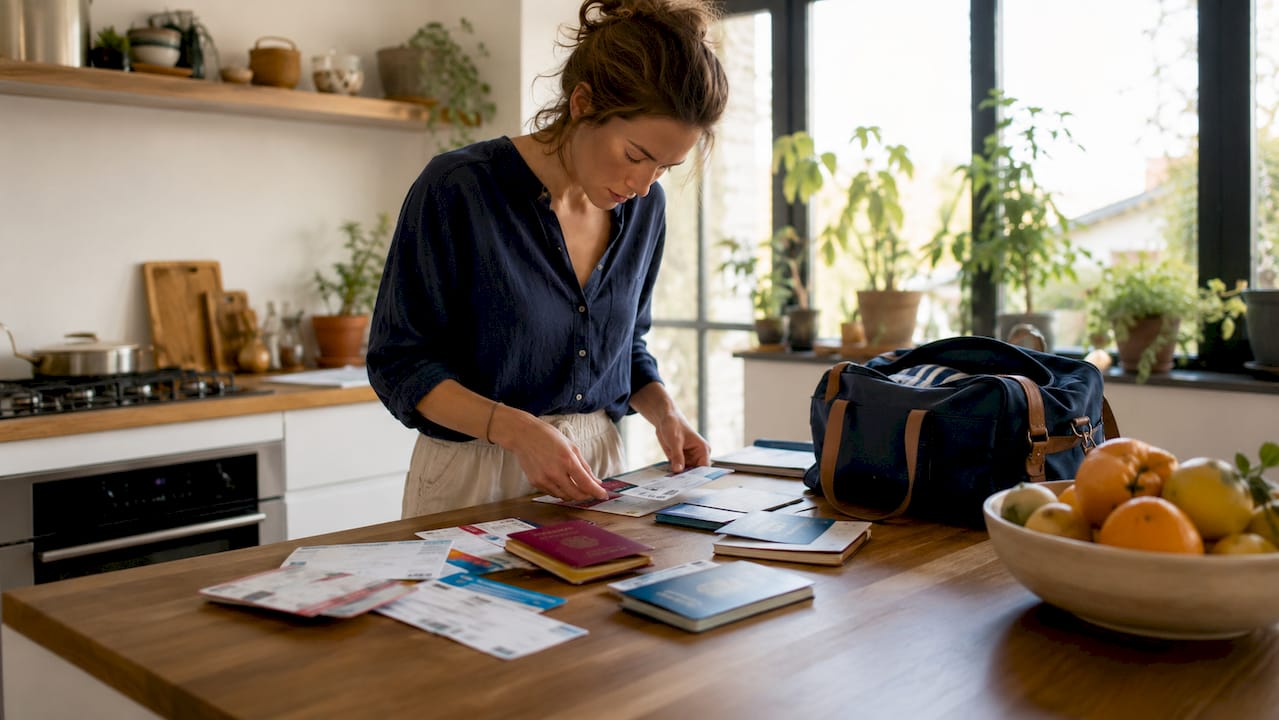 Woman sorting travel documents at desk