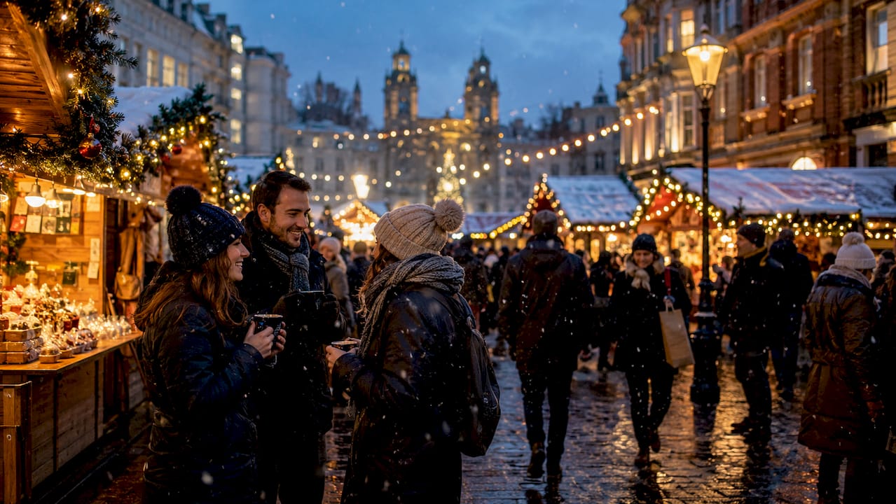 London Christmas market at dusk with festive crowd