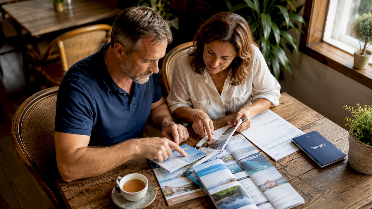Parents reviewing family travel discounts at kitchen table
