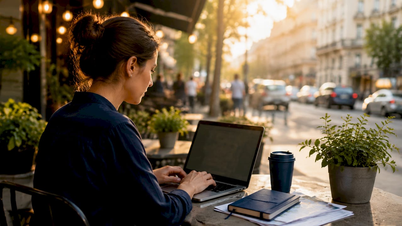 Woman booking flights on laptop at desk
