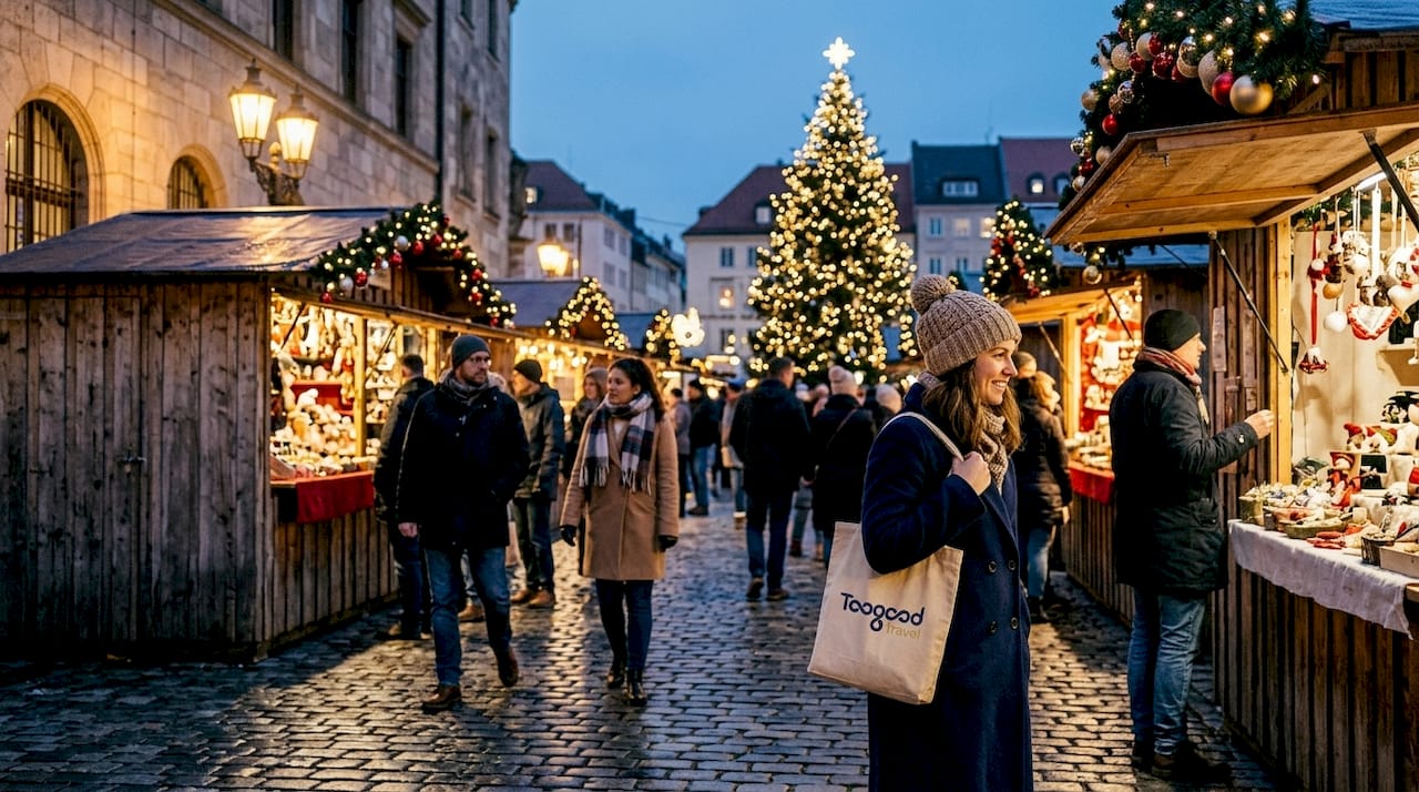 Lively European Christmas market scene
