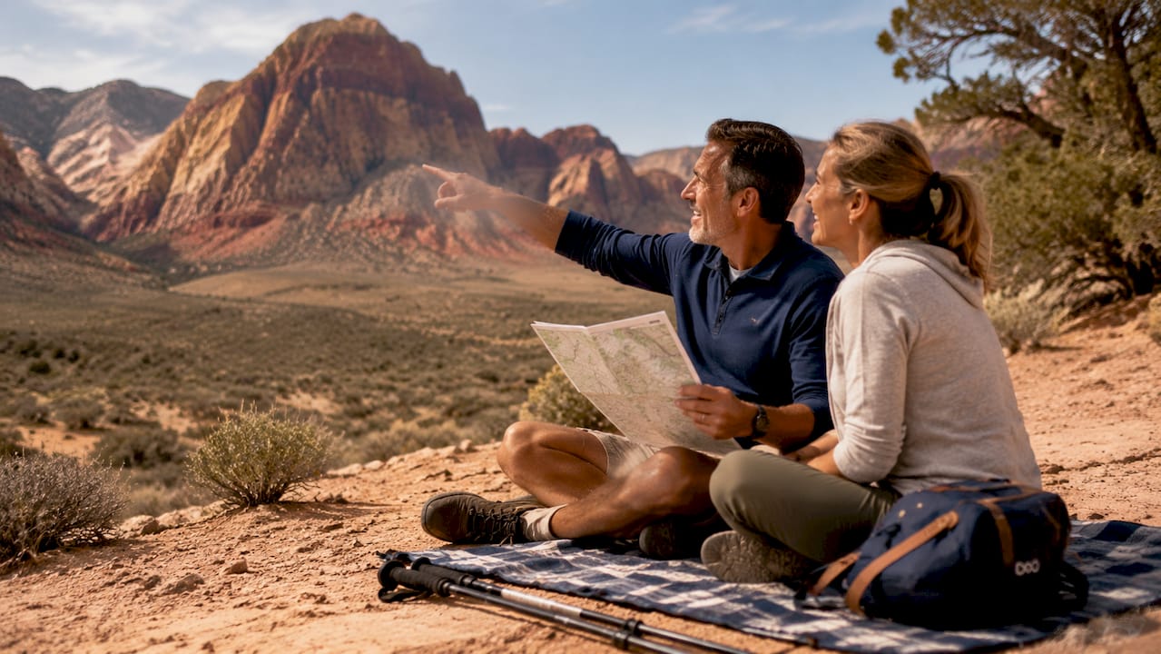 Couple hiking near Red Rock Canyon in spring