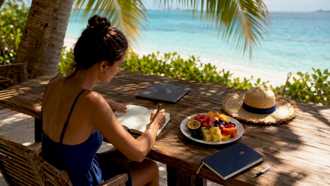 Traveler writing in journal with sea view