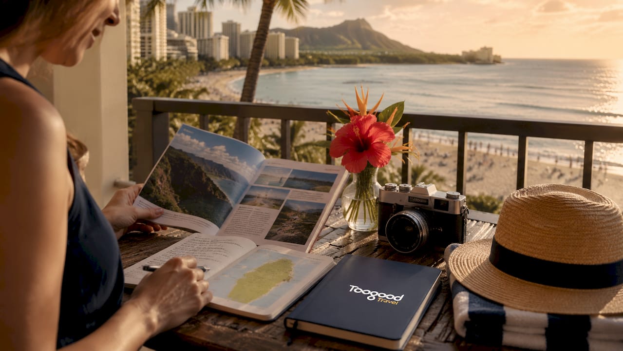 Travel planning desk with Hawaii map and accessories