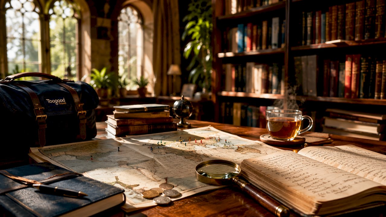 Traveler’s desk with map and travel gear scene