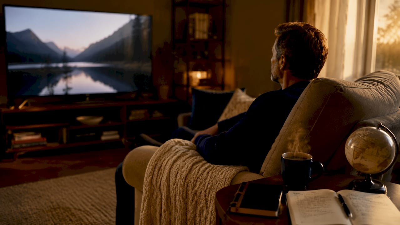 Person watching travel documentary in living room