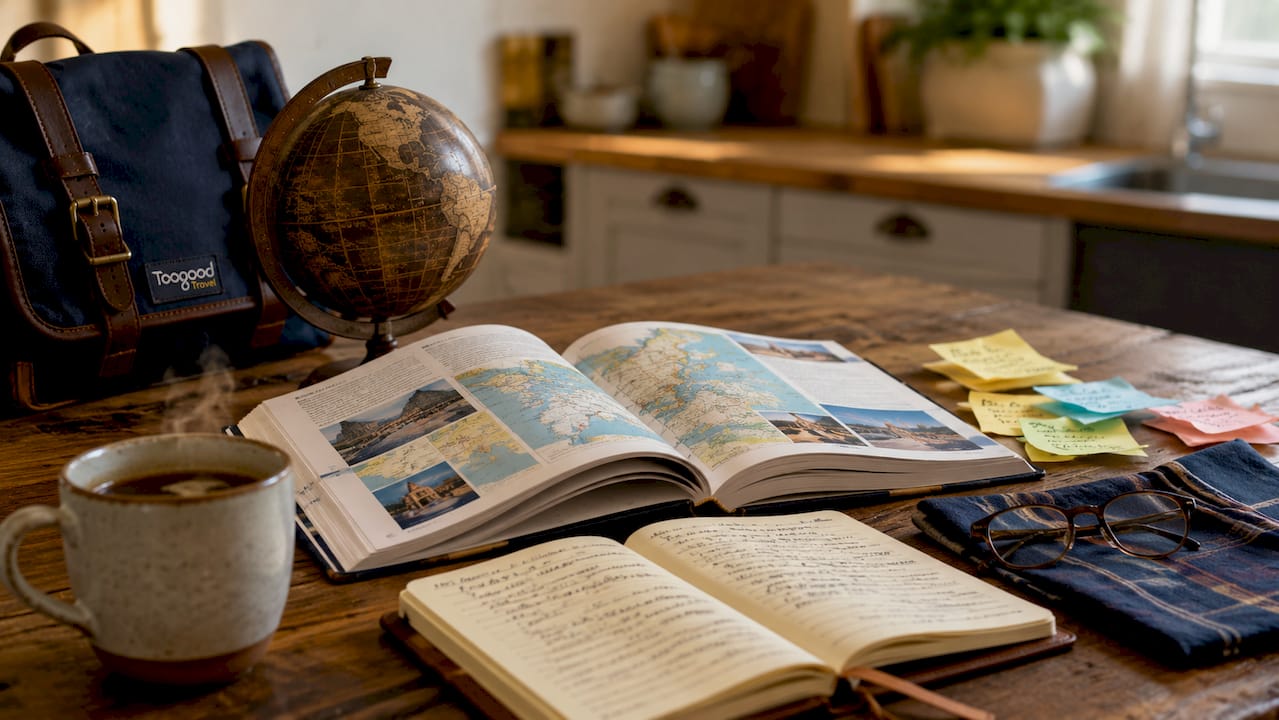 Open travel guidebook and planning tools on table