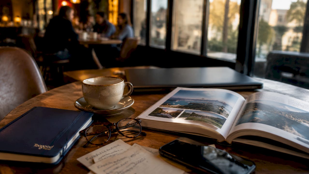Workspace with travel research materials