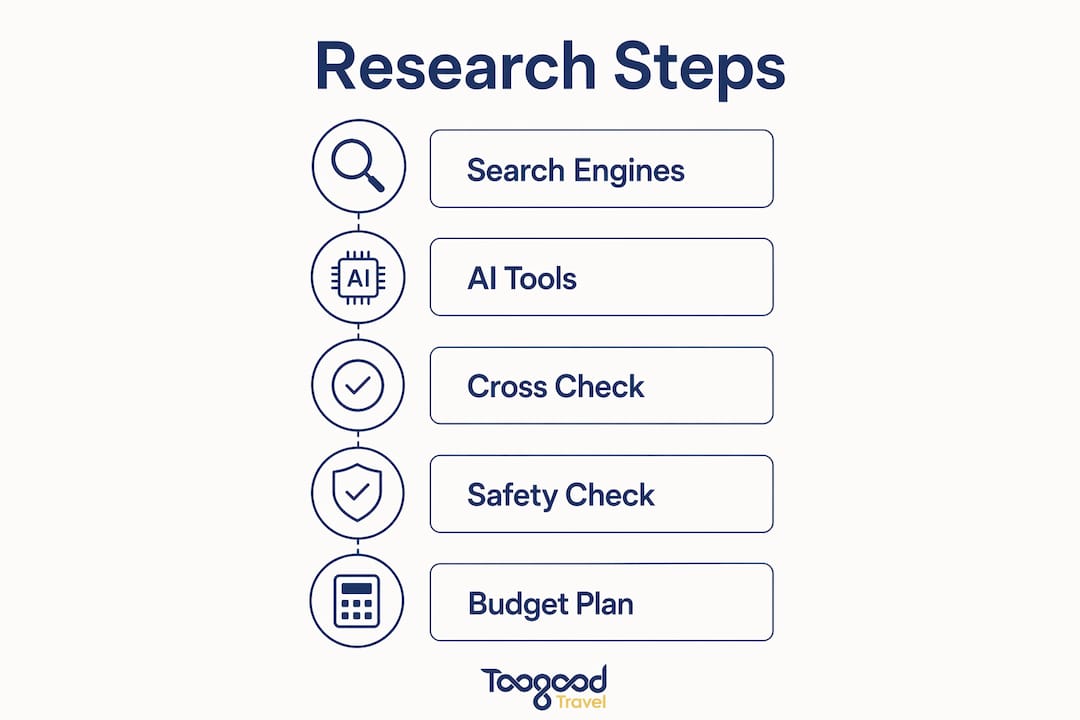 Infographic showing five travel research steps