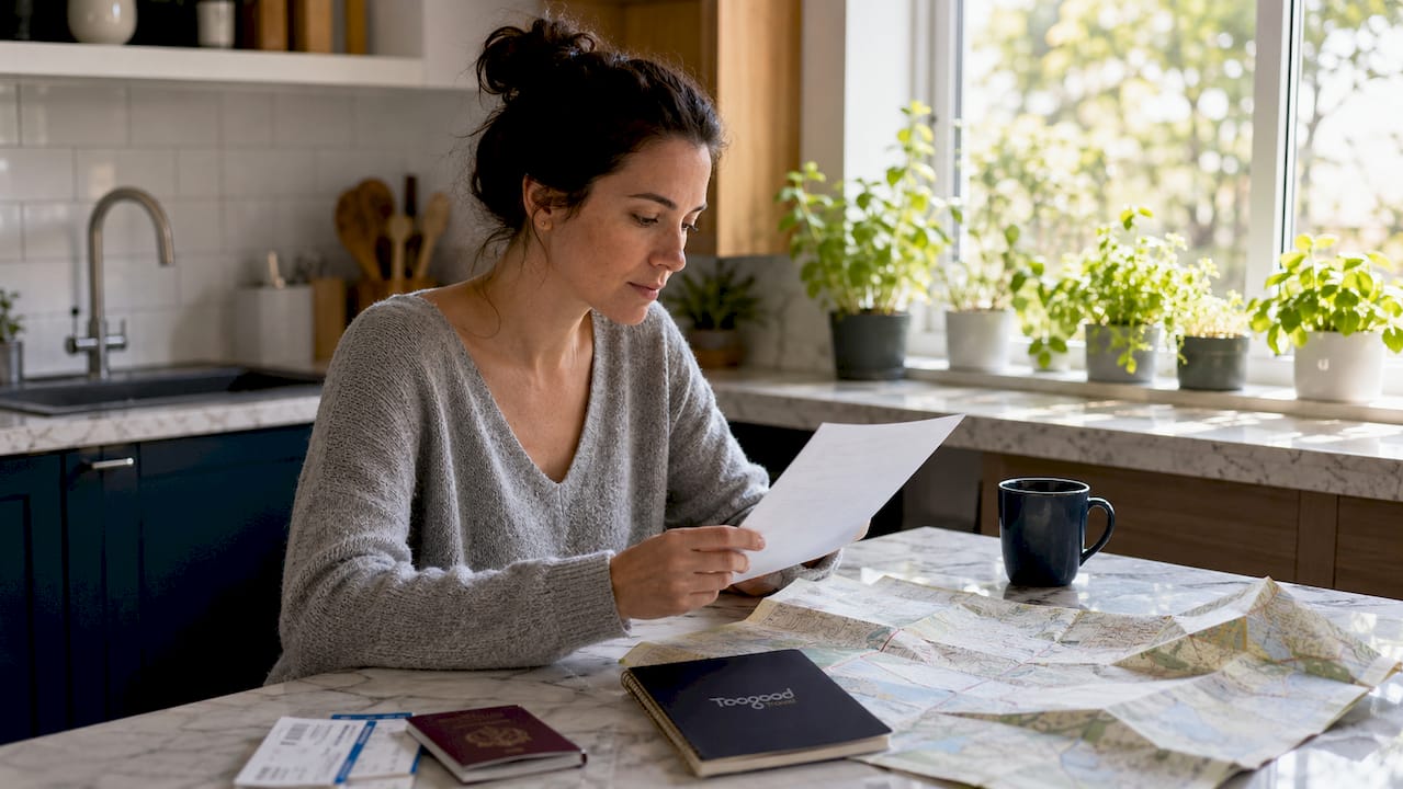 Traveler reviewing itinerary with buffer days at home desk
