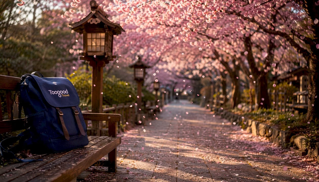 Cherry blossom trees blooming in Japanese park walkway