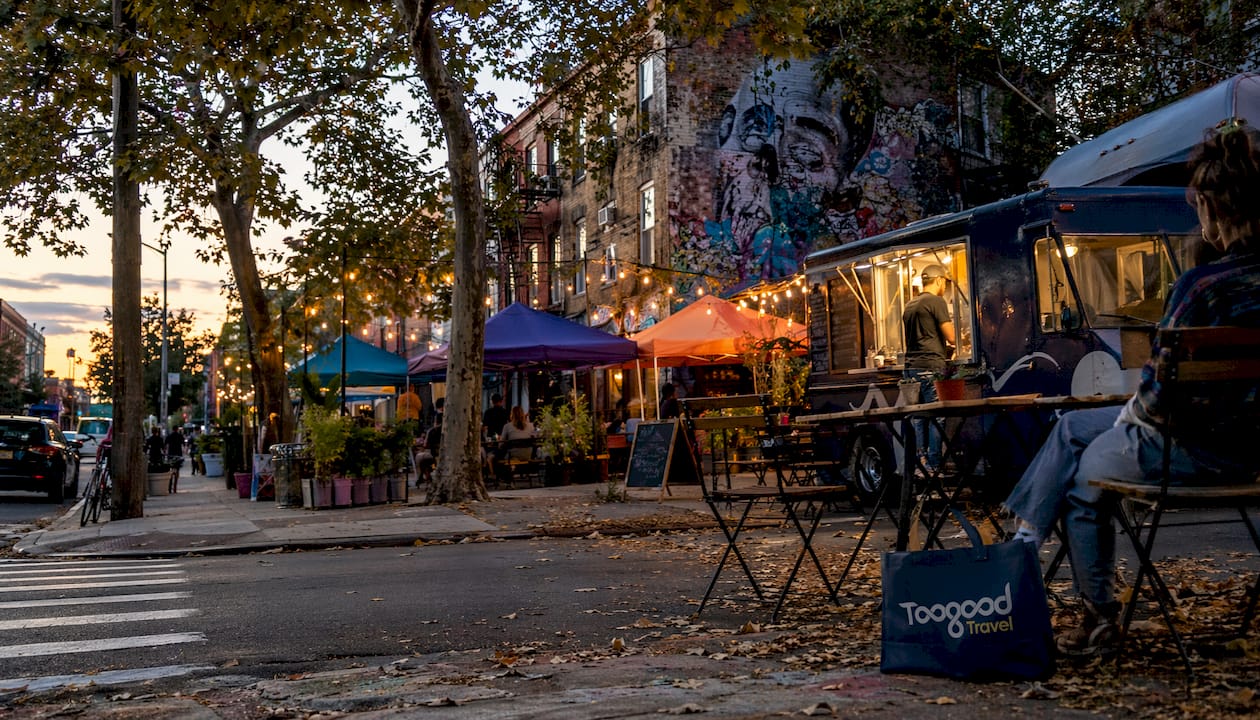 Brooklyn Williamsburg street with food trucks and murals